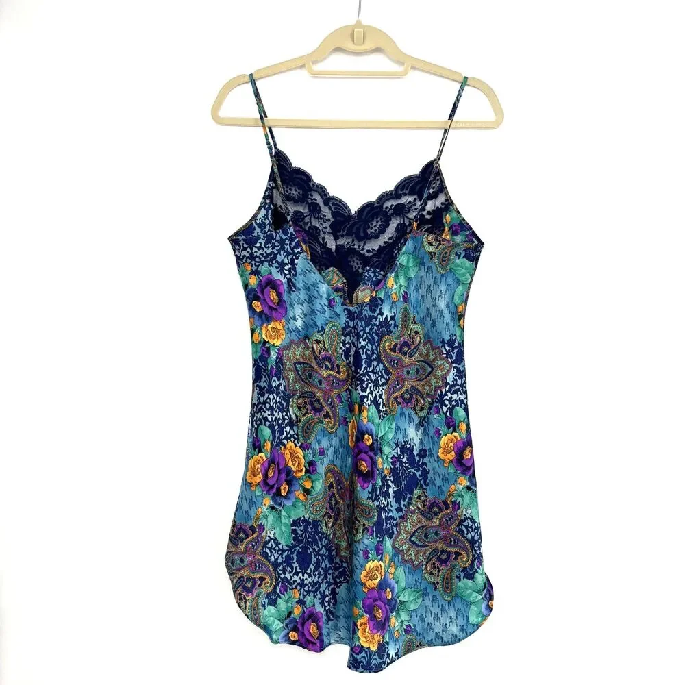 Victoria’s Secret Mini Slip Dress M Gold Label Satin/Lace Gown Blue Floral VTG